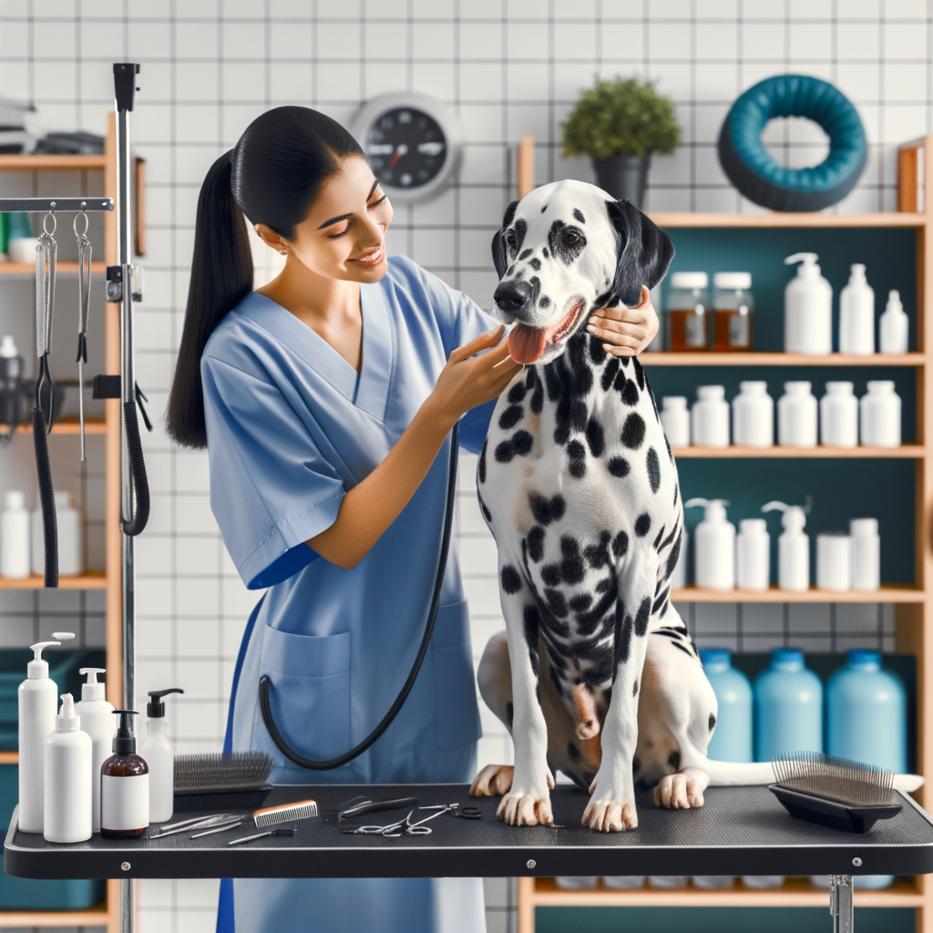 Professional dog groomer providing arthritis dog grooming care, prioritizing comfort and pain relief for an elderly dog showing arthritis symptoms, with dog arthritis treatment products displayed.