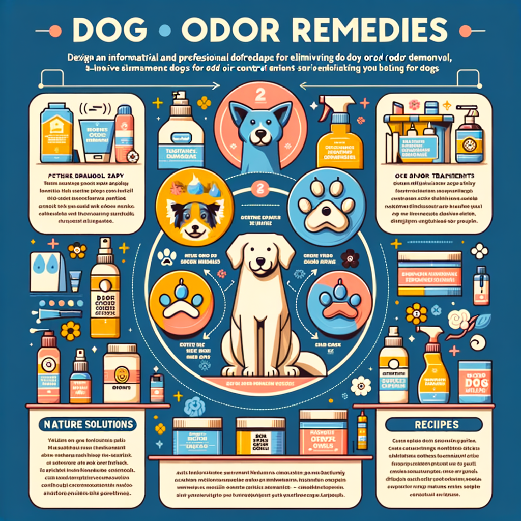 Infographic illustrating various dog odor remedies and home treatments for pet odor removal, highlighting natural solutions and effective methods for eliminating dog odor and controlling doggy smell.