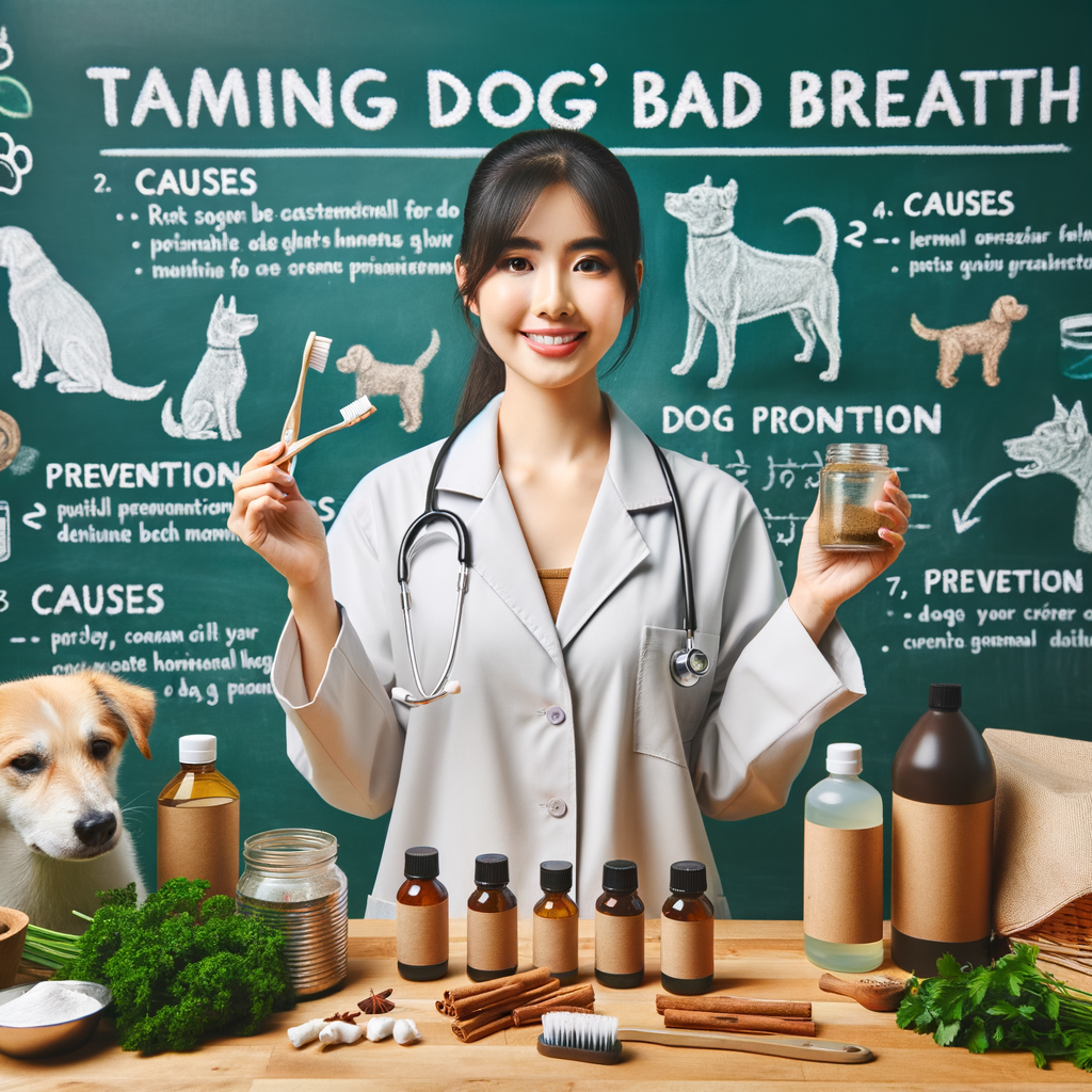 Veterinary professional demonstrating DIY dog breath fresheners and homemade solutions for dog bad breath, showcasing natural ingredients and dog oral care tools, with chalkboard background featuring dog bad breath causes, prevention tips, and DIY dog mouthwash recipe.