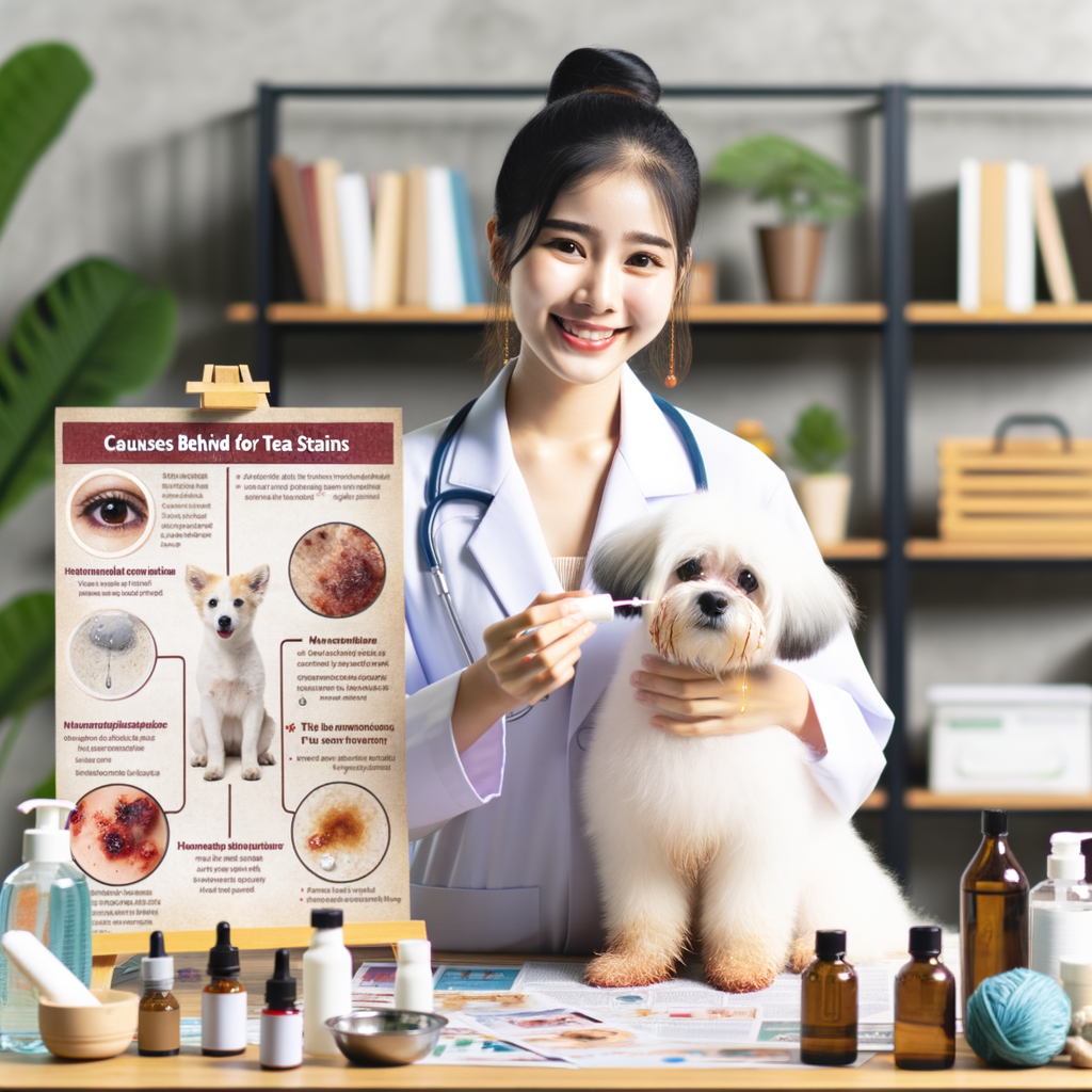 Veterinarian applying natural dog tear stain removal product on a white dog, with various dog tear stain remedies, solutions, and prevention methods displayed on a table, including an infographic on causes and prevention of dog tear stains.