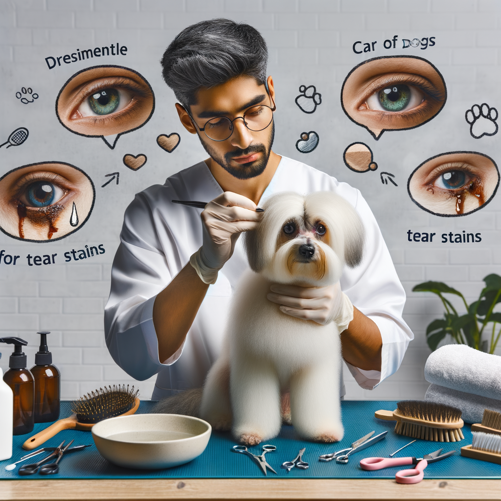 Professional pet groomer demonstrating breed-specific grooming techniques for tear stain removal in dogs, showcasing dog eye care and tear stain prevention tips with essential pet care products.