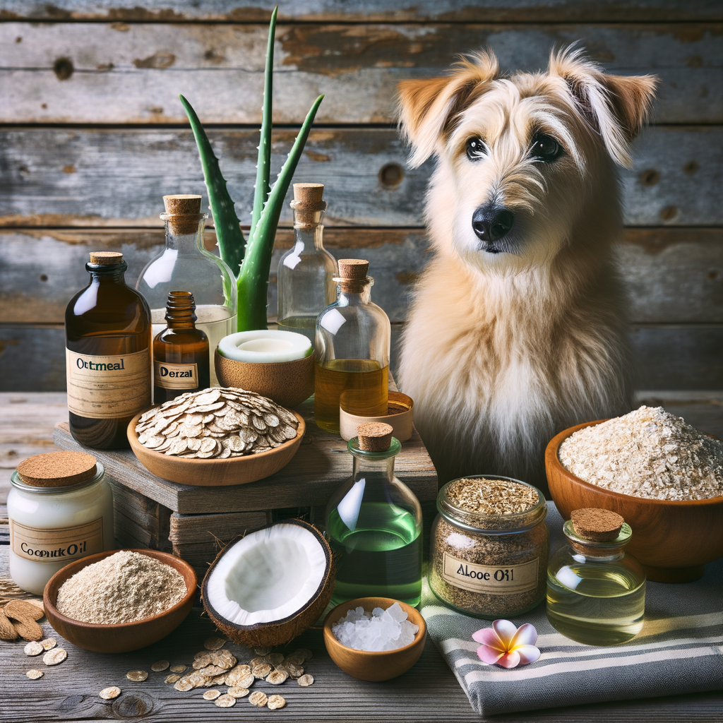 Happy dog enjoying the benefits of DIY dog skin care with homemade remedies for dry skin, showcasing natural ingredients like oatmeal, coconut oil, and aloe vera on a wooden table - a representation of natural solutions for dog skin problems.