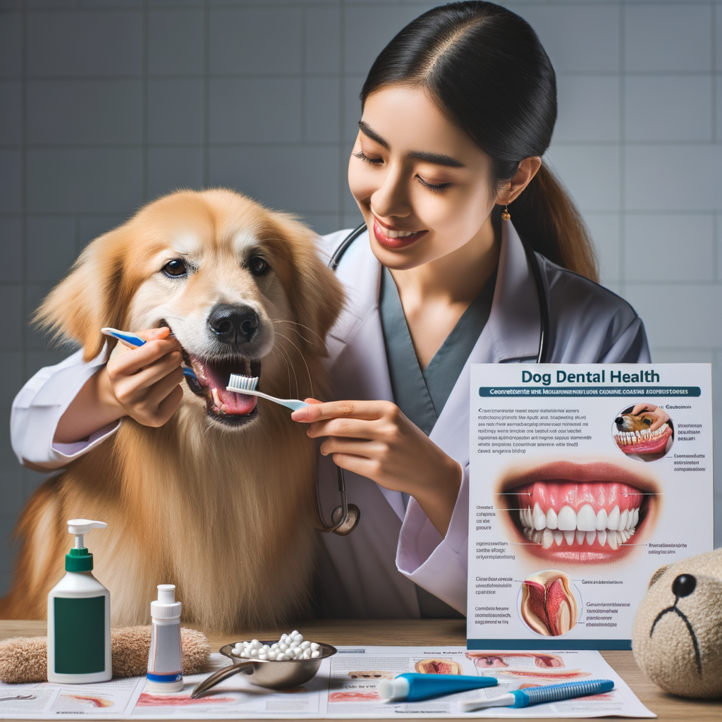 Veterinarian demonstrating dog dental care by brushing a Golden Retriever's teeth, showcasing canine oral hygiene products and an infographic explaining the basics of dog dental health, importance of regular teeth cleaning, and prevention of canine dental diseases like dog tooth decay and gum disease.