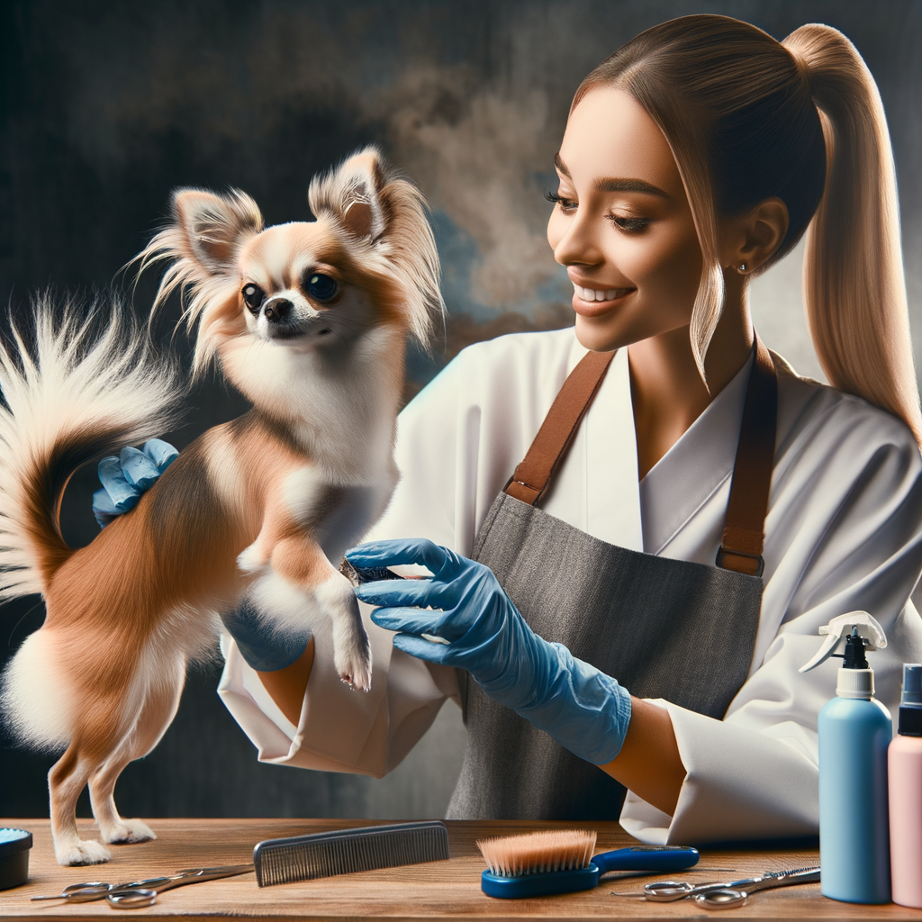 Professional Chihuahua groomer demonstrating tail-wagging tips using Chihuahua grooming essentials, showcasing a well-maintained coat as a result of the Chihuahua grooming guide and products.