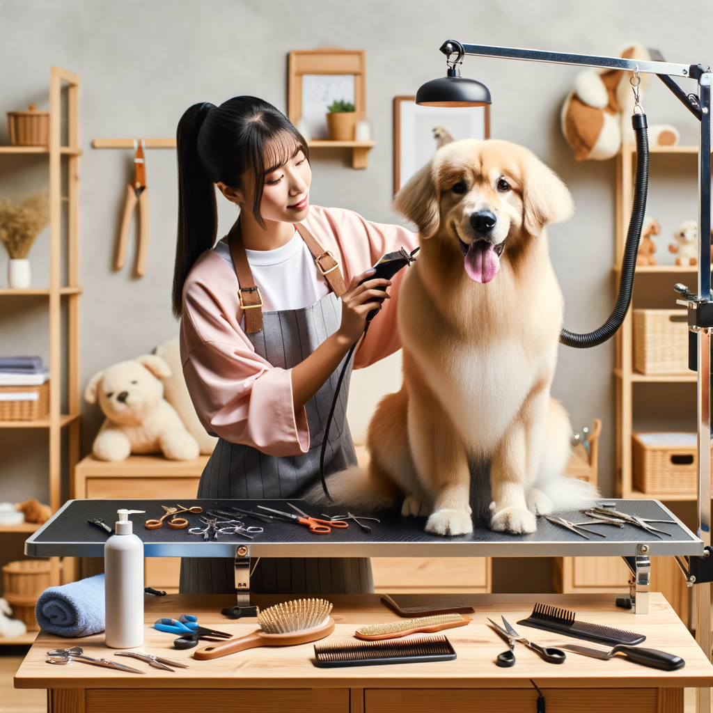 Professional dog groomer demonstrating dog grooming techniques on an adjustable dog grooming table, surrounded by best dog grooming equipment and table accessories for home dog grooming, with a DIY dog grooming guide and table reviews nearby.