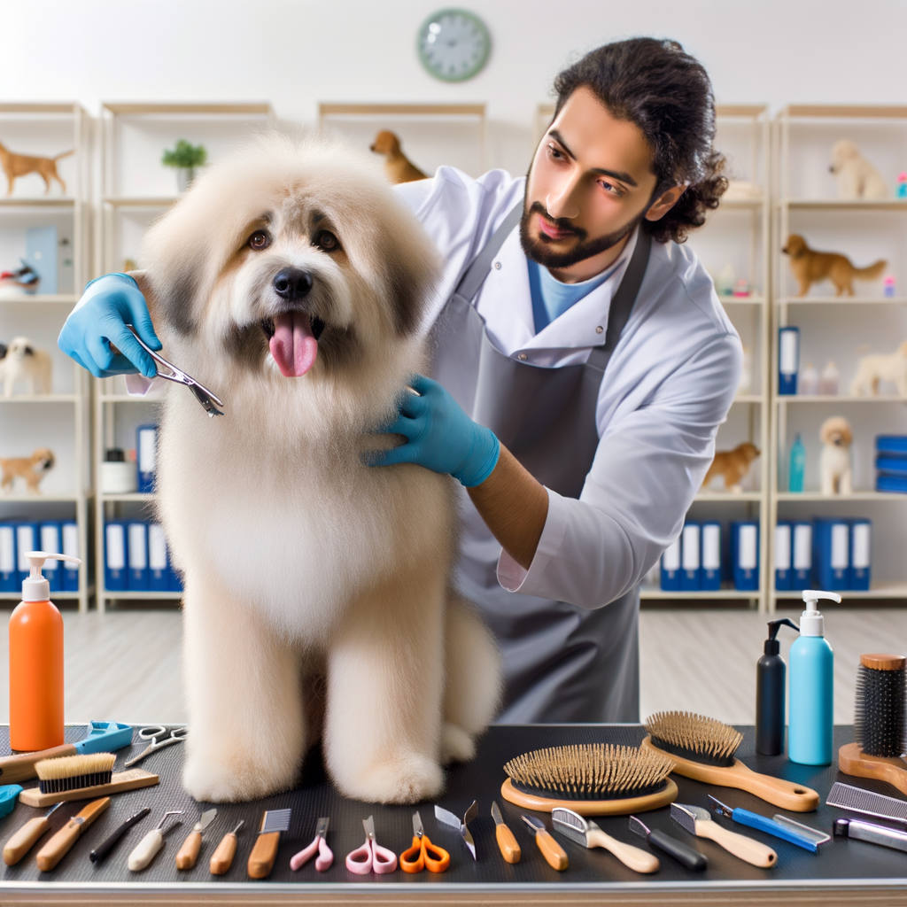 Professional pet groomer demonstrating cuddly dog grooming techniques on a fluffy dog in a well-lit salon, showcasing dog care tips and grooming for affectionate dogs with various pet grooming tools and products.