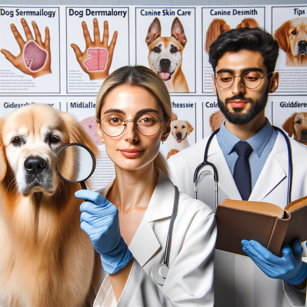 Veterinarian examining a dog's skin with a magnifying glass, demonstrating dog skin care basics and canine dermatology, with a guidebook and chart on canine skin conditions for understanding dog skin problems and maintaining canine skin health.