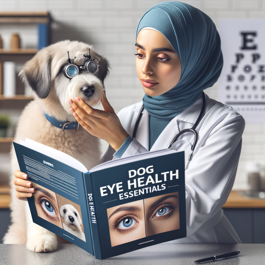 Veterinarian examining dog's eye health in a modern clinic, demonstrating canine eye care basics with a guidebook, emphasizing the importance of understanding and maintaining canine eye health.