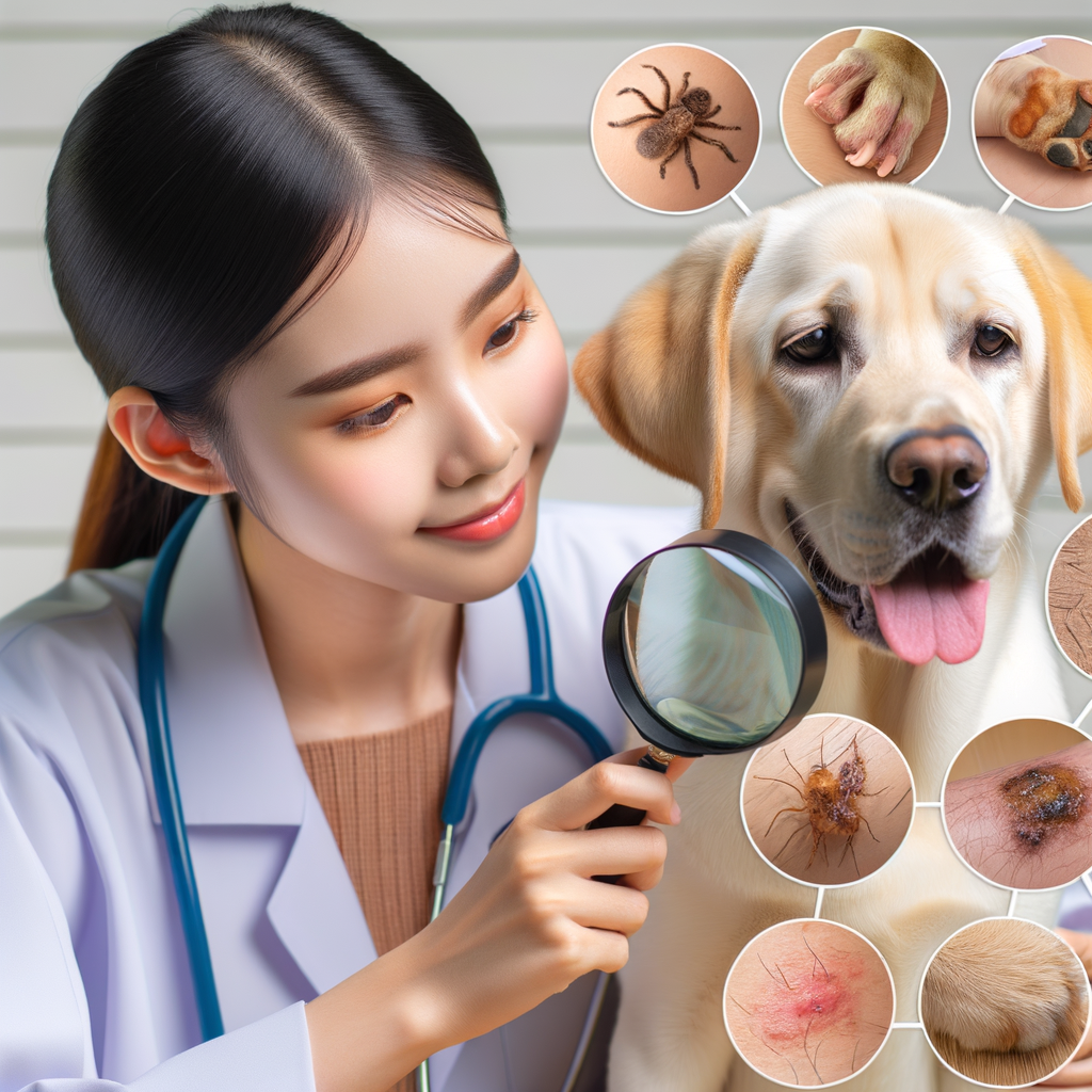 Veterinarian examining dog skin problems with magnifying glass, showcasing common dog skin issues, symptoms, treatments, and prevention tips for understanding dog skin conditions and promoting dog skin health.