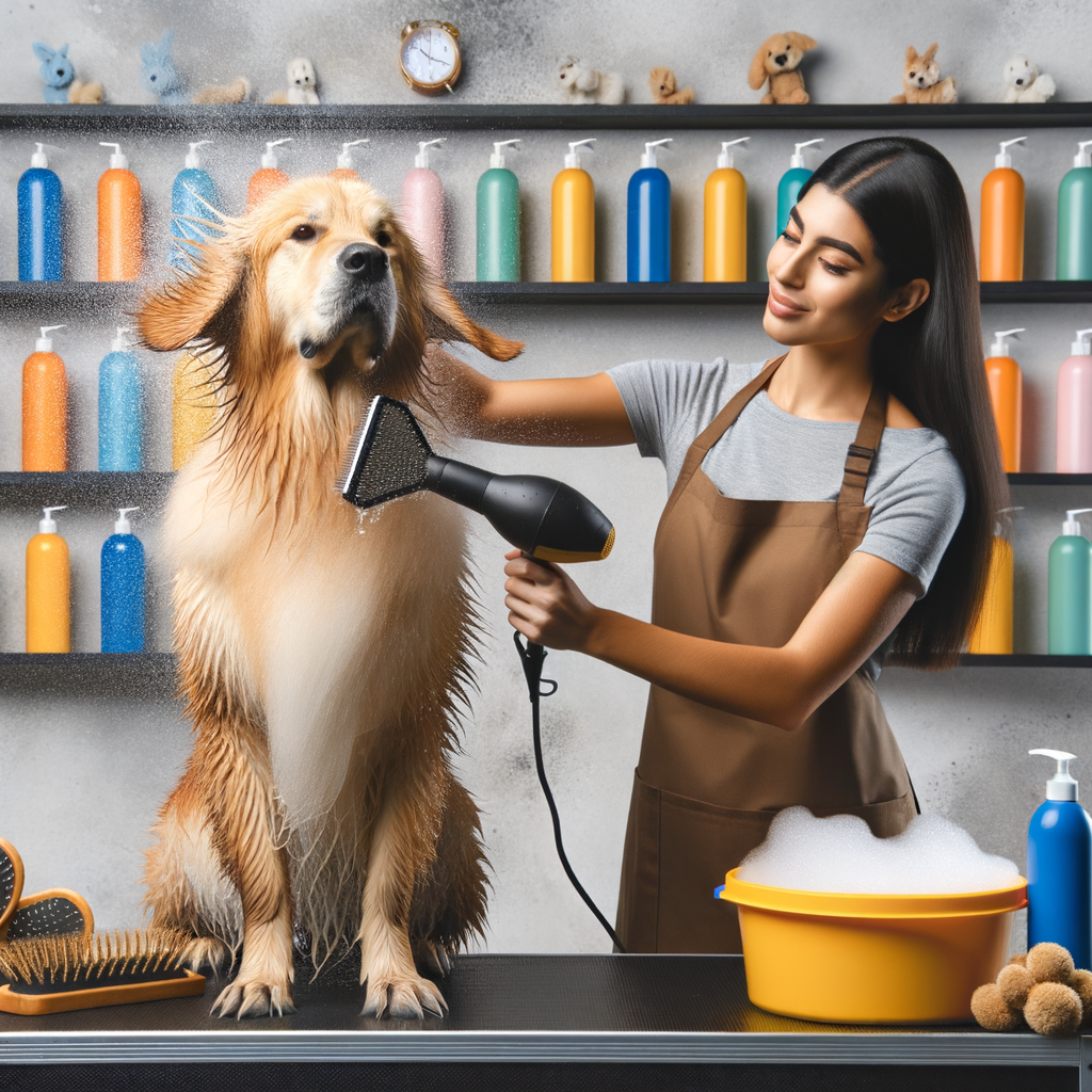 Professional dog groomer demonstrating dog grooming techniques and cleanliness tips on a dirty, playful dog, highlighting dog care tips for maintaining hygiene and grooming dirty dogs easily.