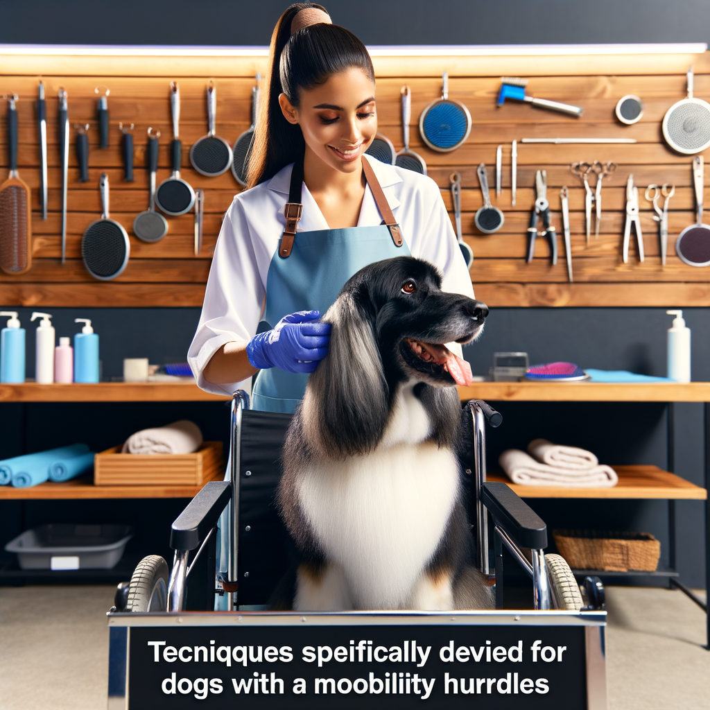 Professional pet groomer demonstrating special care grooming techniques for dogs with mobility issues, using grooming aids and products specifically designed for disabled dogs.