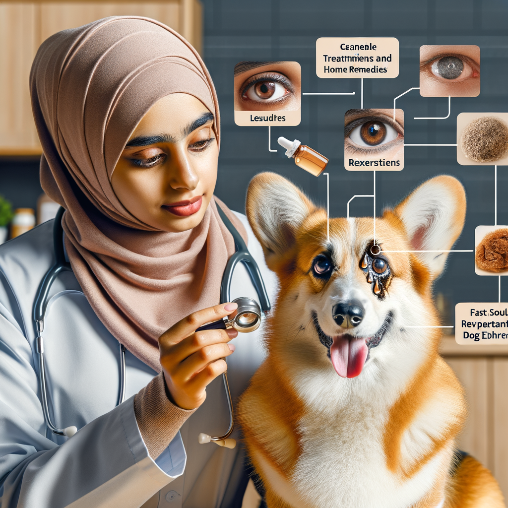 Veterinarian demonstrating Dog Eye Discharge Remedies and Infection Treatments, including Natural and Home Remedies, with labels explaining Canine Eye Discharge Causes and Quick Fixes for Canine Eye Problems.