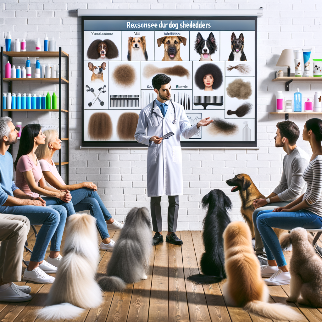 Veterinarian demonstrating dog shedding solutions and hair loss remedies, including quick fixes for pet shedding, home remedies, and prevention tips, with a chart explaining causes of excessive dog shedding.