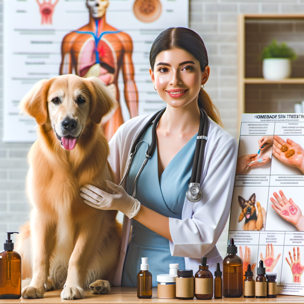 Veterinarian demonstrating natural remedies and homemade treatments for dog skin irritations, showcasing canine skin problems, dog skin allergies, and dog dermatitis treatment products.