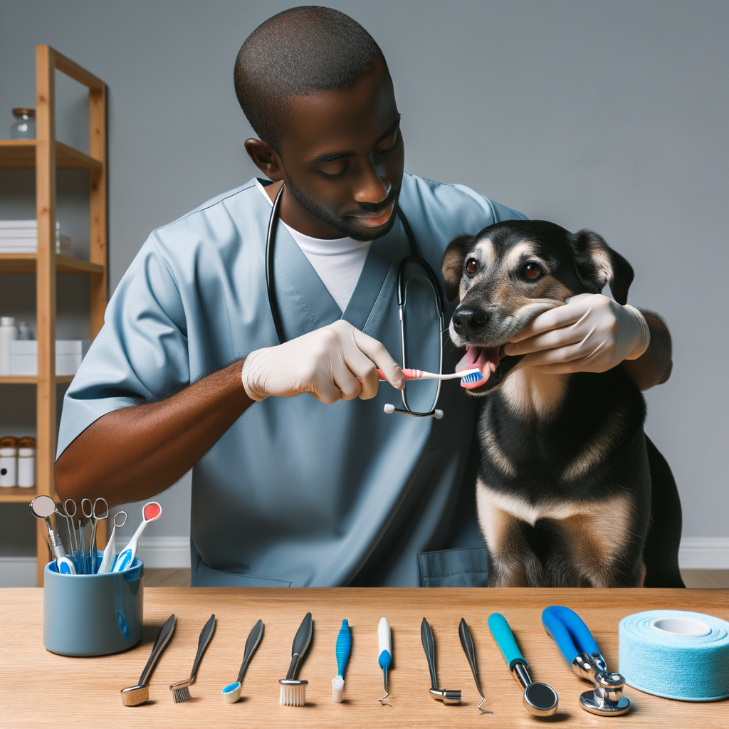Veterinarian demonstrating DIY dog toothbrushing techniques for canine oral health, with homemade dog dental care tools and easy dog dental care tips for home dental care for dogs.