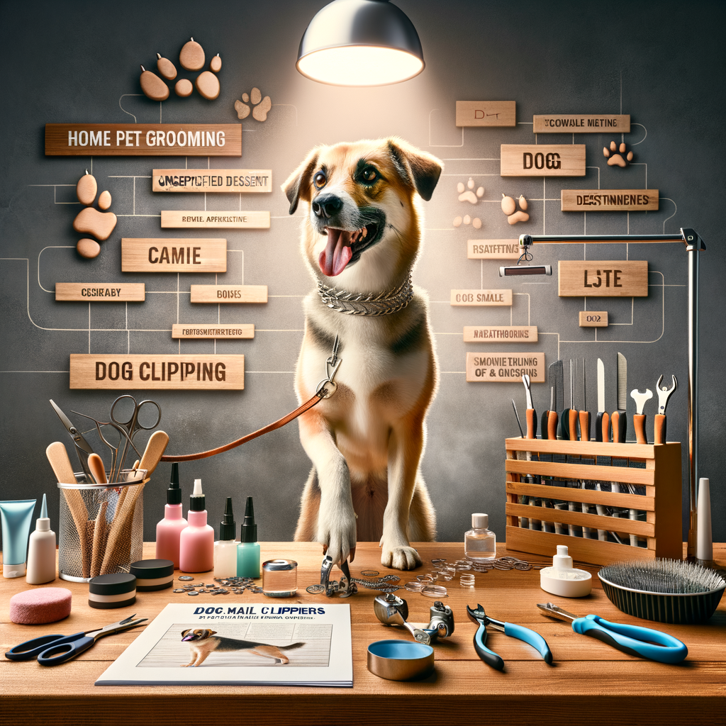 Beginner's guide to dog nail clipping featuring a professional home pet grooming setup with DIY dog grooming tools, dog nail care tips, and dog nail clipping techniques for optimal dog health care.