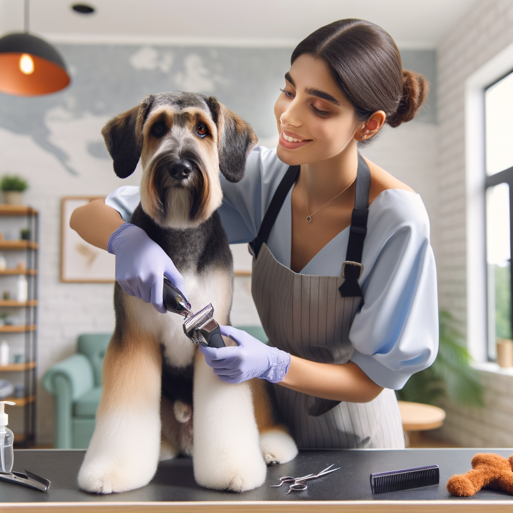 Professional dog groomer demonstrating dog grooming tricks to calm an anxious dog afraid of clippers in a soothing salon, providing tips for handling and overcoming dog clipper anxiety.
