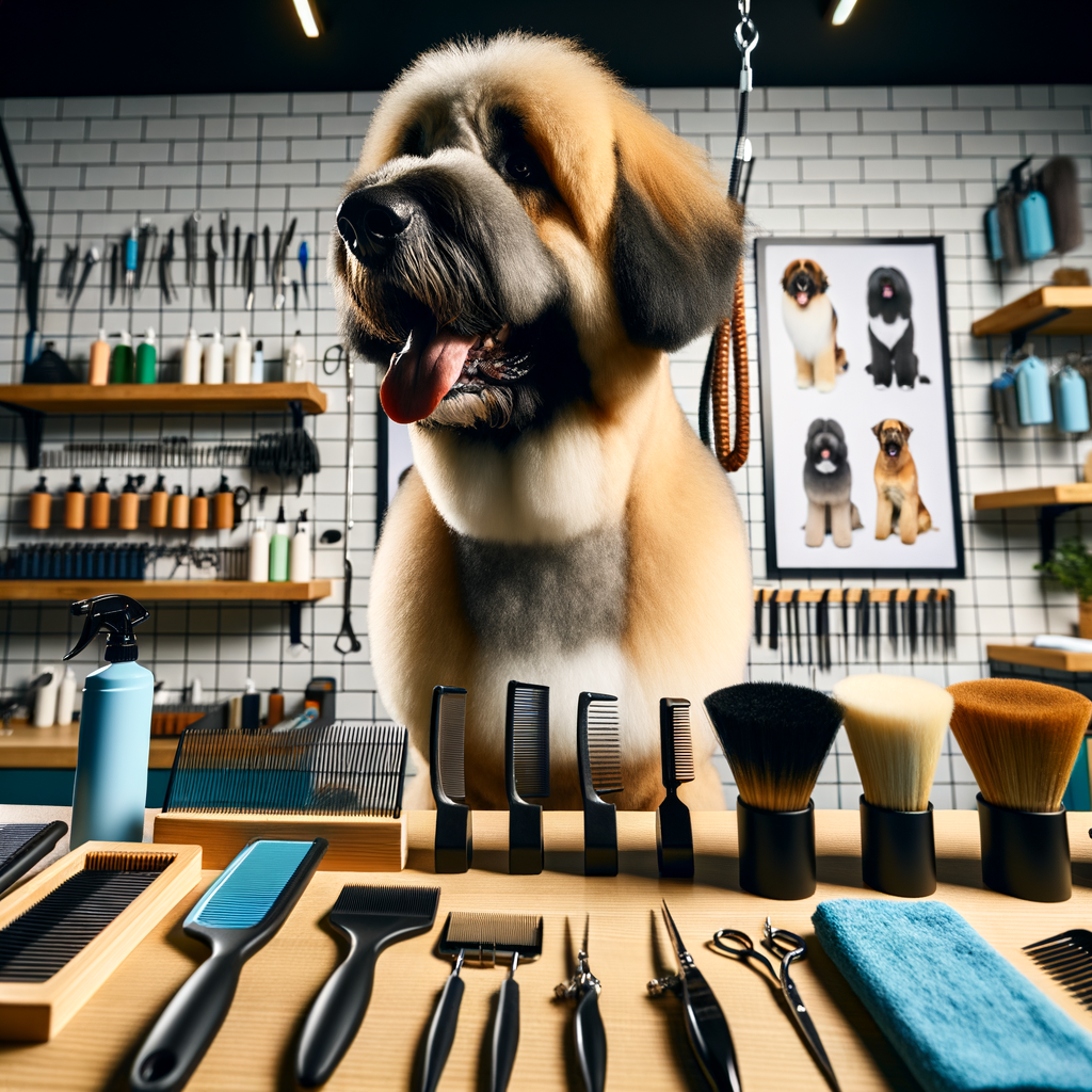 Essential grooming tools for double-coated dog breeds at a professional grooming station, demonstrating best grooming practices and techniques for double-coated breed care and maintenance.