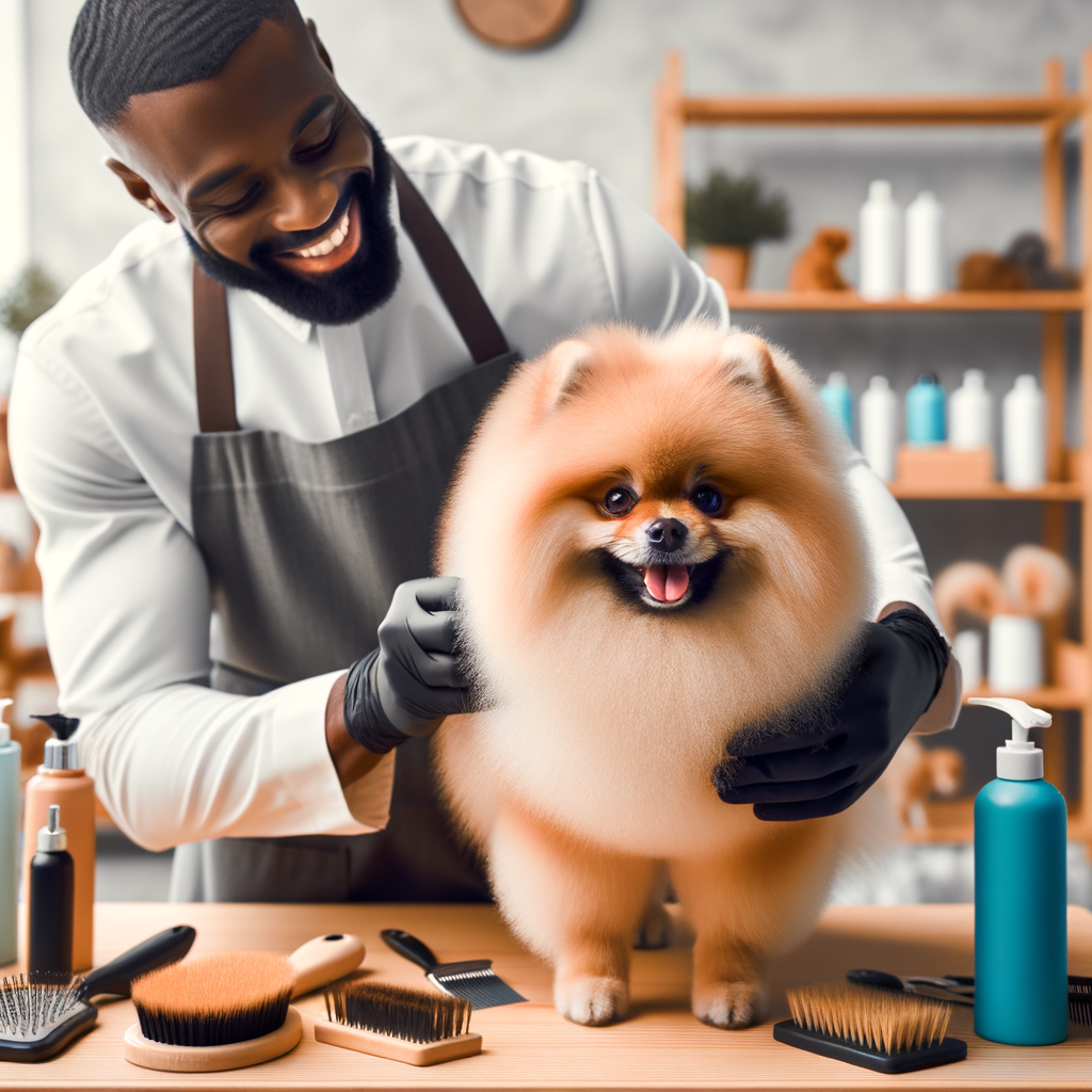 Professional groomer demonstrating Pomeranian grooming techniques and hair care essentials, highlighting Pomeranian coat maintenance and grooming routine at home with specific Pomeranian grooming products.