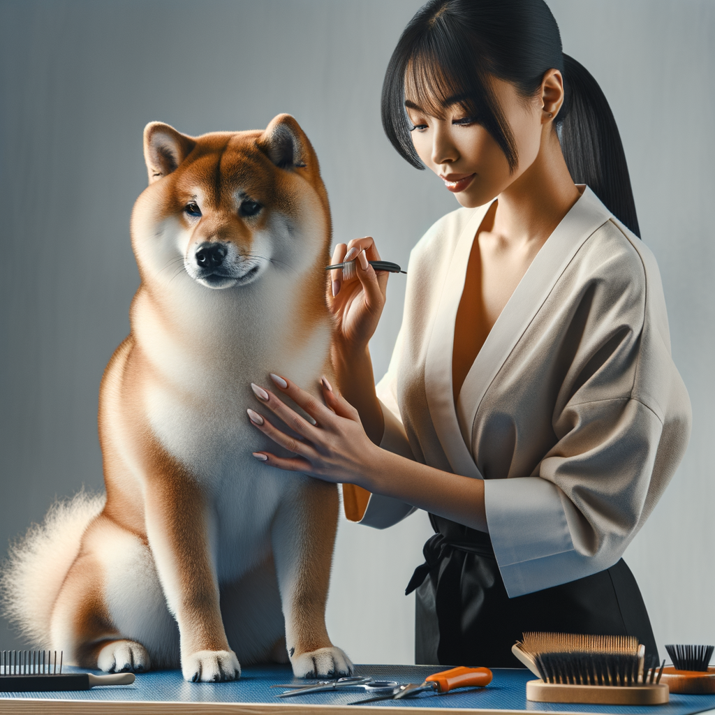 Professional Shiba Inu groomer demonstrating double coat maintenance and Shiba Inu coat care techniques, emphasizing the importance of regular grooming for the dog's health and comfort.