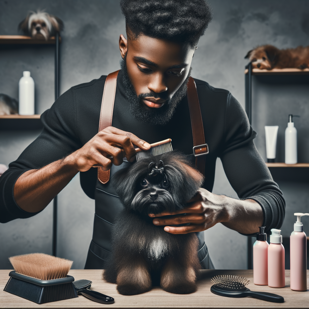 Professional pet groomer demonstrating fine fur dog grooming techniques with specialty products, emphasizing the importance of dog hair care and maintenance for fine fur dogs.