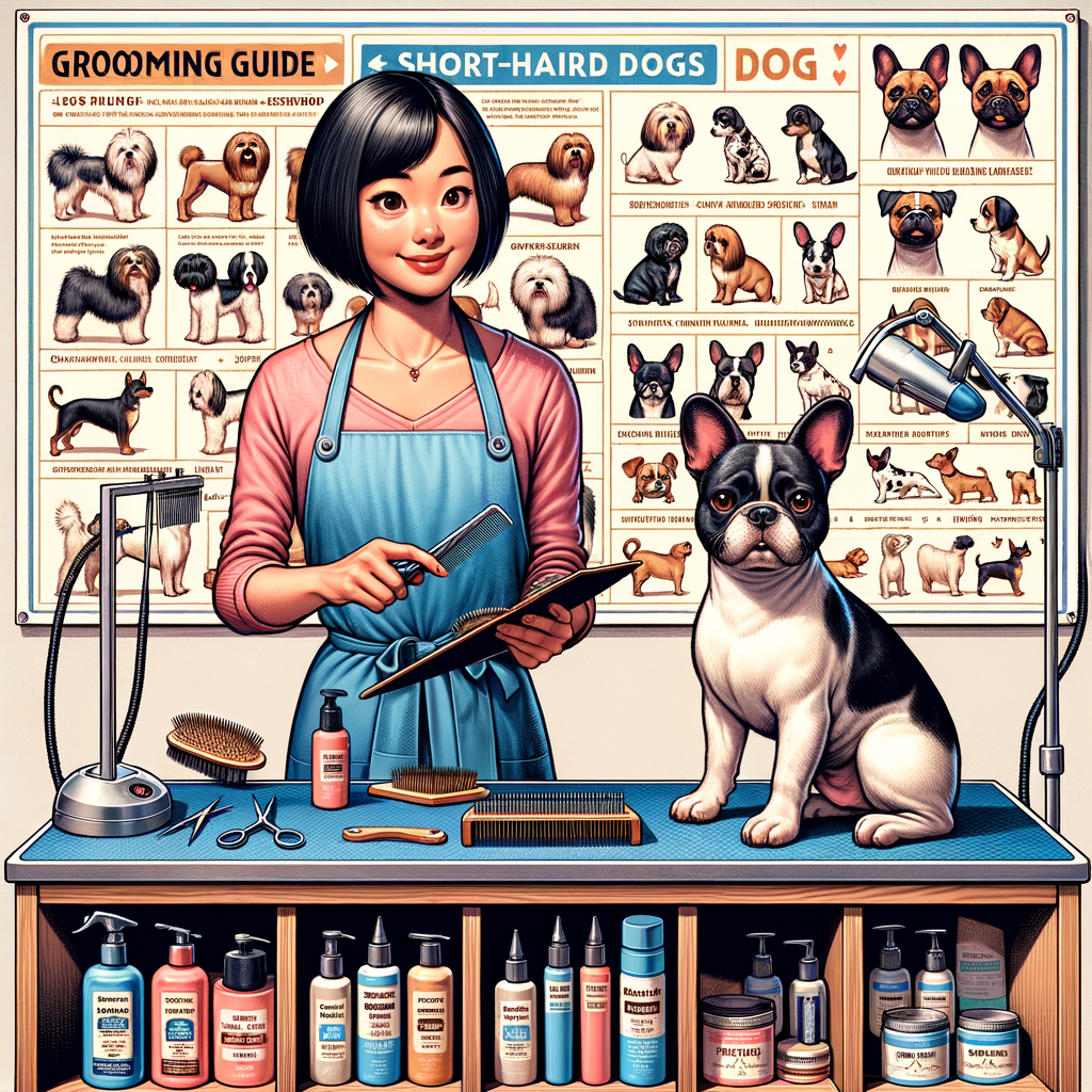 Professional groomer demonstrating short-haired dog grooming techniques, showcasing essential grooming tips for maintaining short-haired breeds hygiene and care, with a visible grooming guide for short-haired dogs in the background.