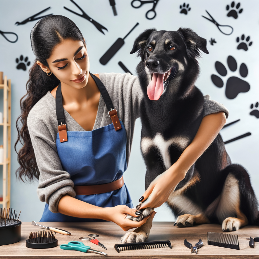 Professional pet groomer demonstrating dog nail care and long nail dog grooming techniques, using various tools for dog nail trimming to maintain dog nail health.