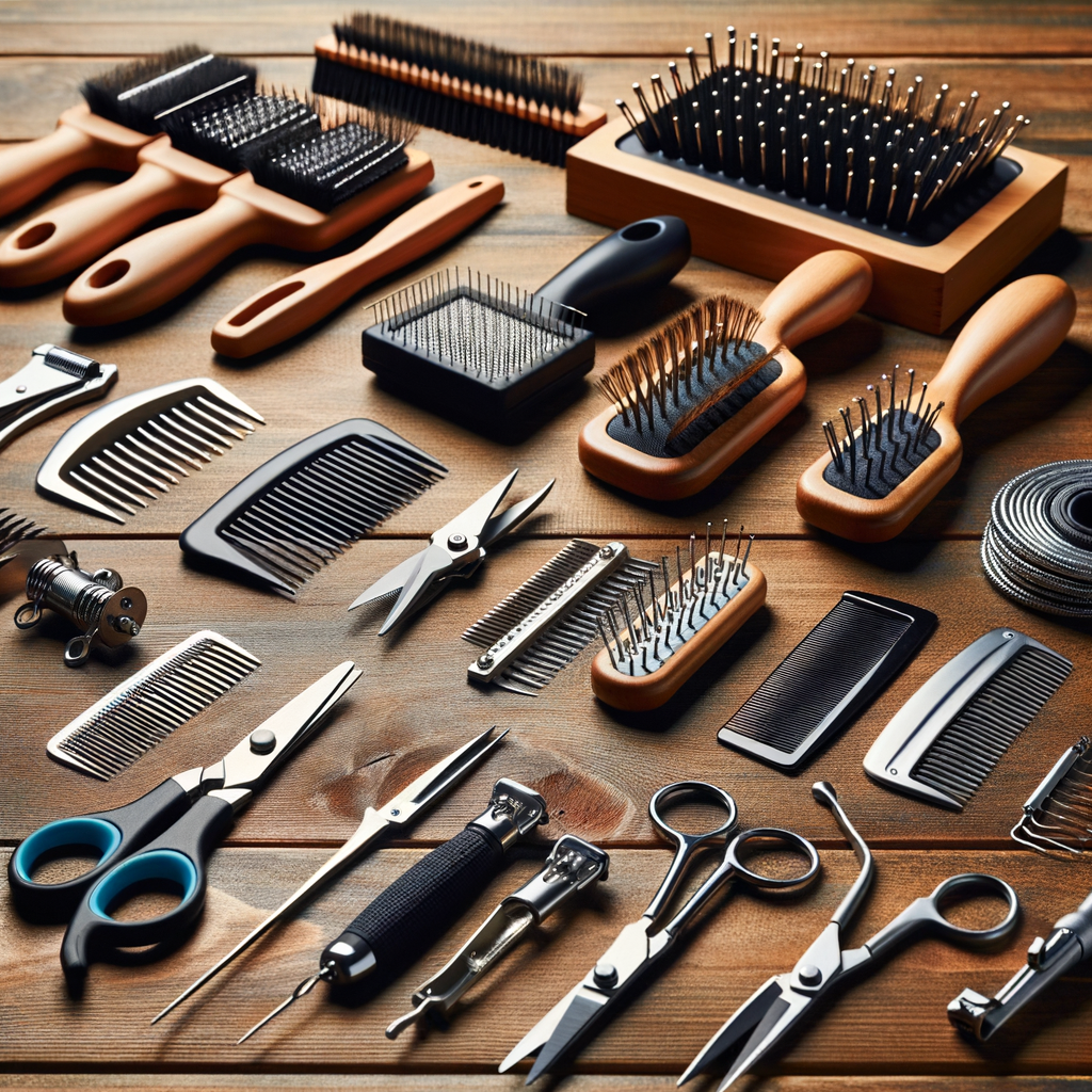 Essential dog grooming tools including brushes, combs, nail clippers, and shears displayed on a wooden table, highlighting the basics of canine grooming techniques and the importance of understanding pet grooming.