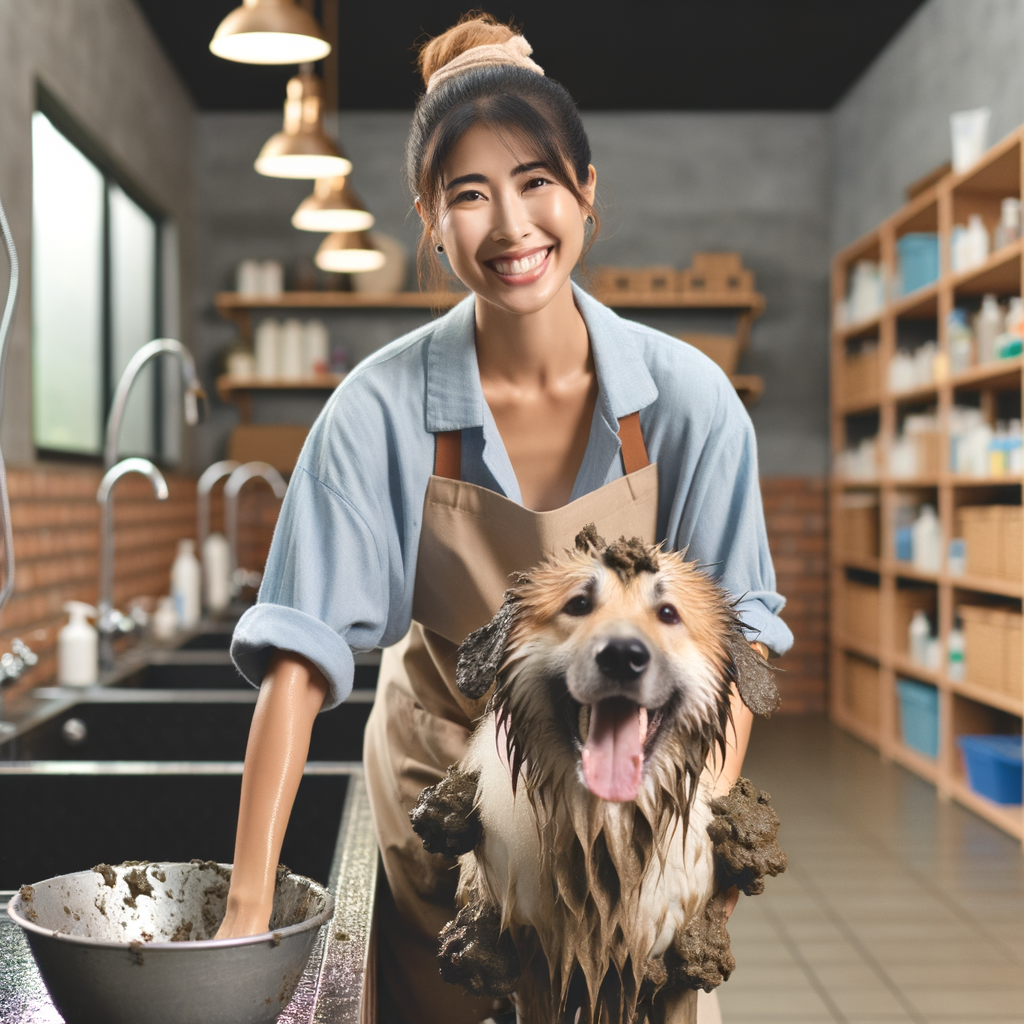 Professional dog groomer demonstrating dog bathing techniques and dog grooming tips for cleaning muddy, mud-loving dogs in a pet grooming salon, emphasizing on dog hygiene and dog care tips.