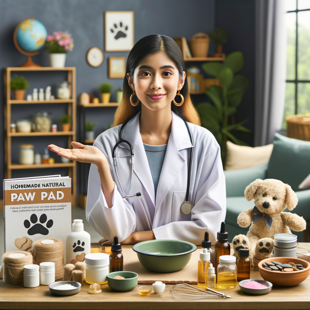 Veterinary expert demonstrating DIY dog paw pad care at home, showcasing homemade paw pad treatments and natural solutions for paw pad health, with a paw pad care guide and various DIY paw health remedies on the table.