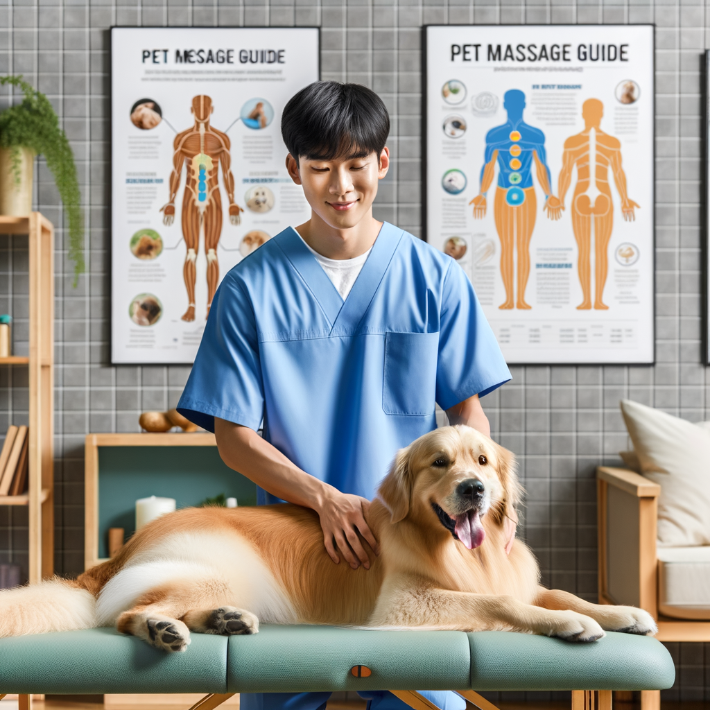 Pet therapist demonstrating dog massage techniques on a golden retriever, showcasing benefits of dog massage and relaxation techniques with a 'Pet Massage Guide' and infographics in a wellness center for an article on doggy massage tips and canine therapy.
