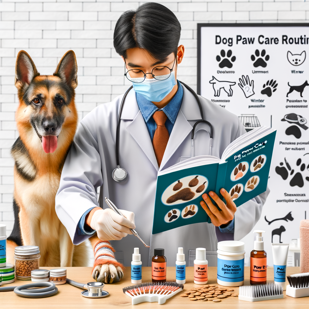 Veterinarian demonstrating dog paw care tips and maintenance with dog paw care products, alongside a guidebook illustrating basics of dog paw care routine including winter and summer care for dog paw health.