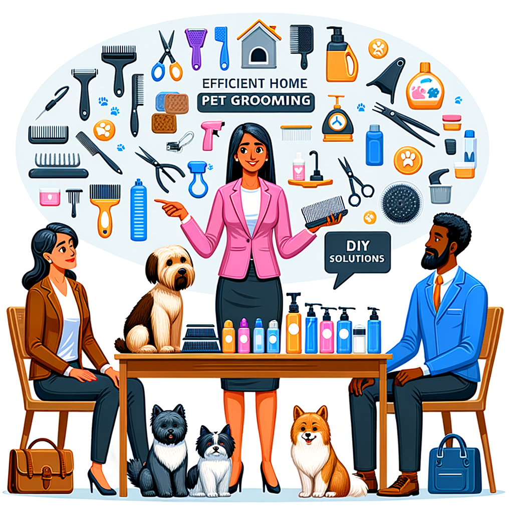 Professional pet groomer demonstrating easy and efficient pet grooming methods, quick grooming hacks, and DIY pet grooming techniques to busy pet parents, with various pet care products and tools for maintaining pet hygiene