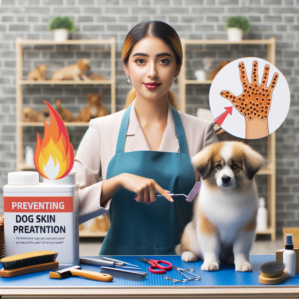 Professional pet groomer demonstrating dog grooming techniques for canine skin health, using pet skin health prevention tools and dog hot spots treatment product to prevent hot spots in dogs.