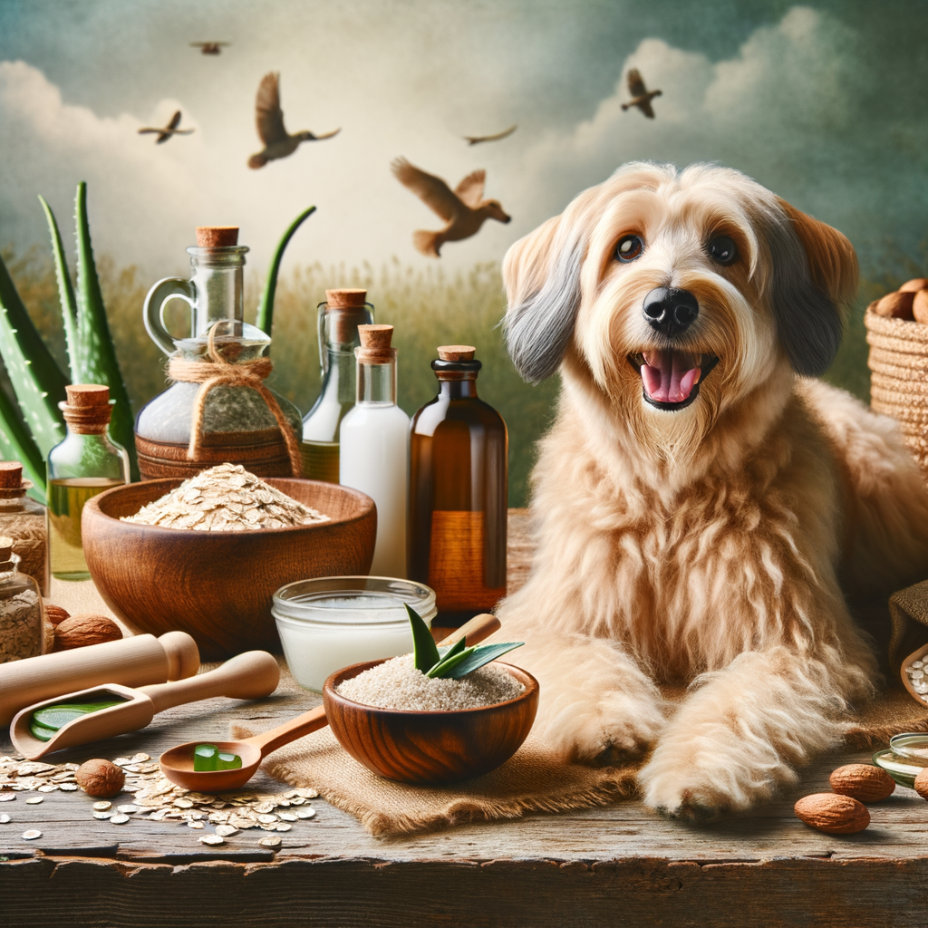 DIY dog itch treatments using natural ingredients like oatmeal, aloe vera, and coconut oil for homemade itch relief for dogs, with a healthy dog in the background symbolizing successful home treatments for dog skin problems.