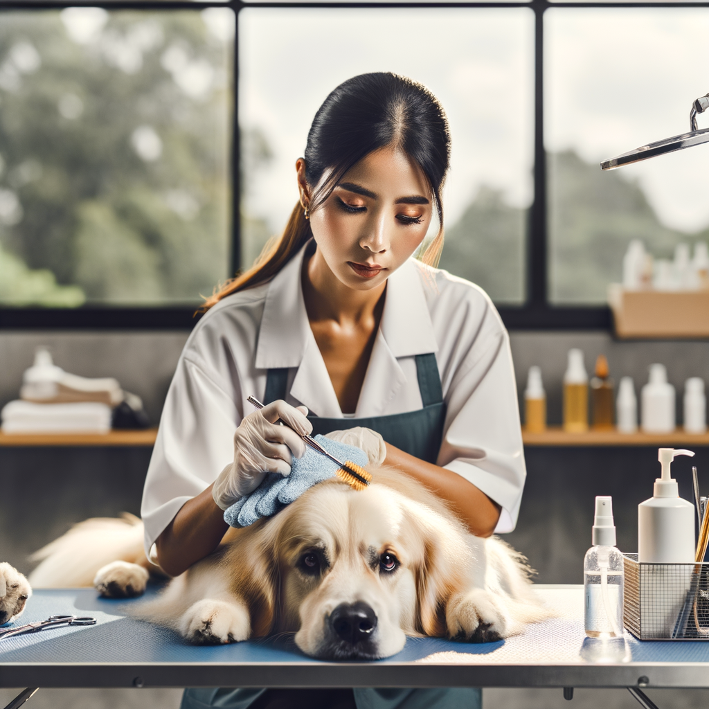 Professional dog groomer demonstrating dog eye care during grooming, highlighting the importance of maintaining canine eye health to prevent infections and the benefits of regular grooming.