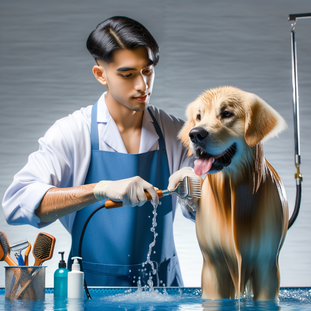 Professional pet groomer demonstrating dog swim grooming techniques on a retriever, highlighting essential dog grooming tips and swimming dogs care for water-loving pets.