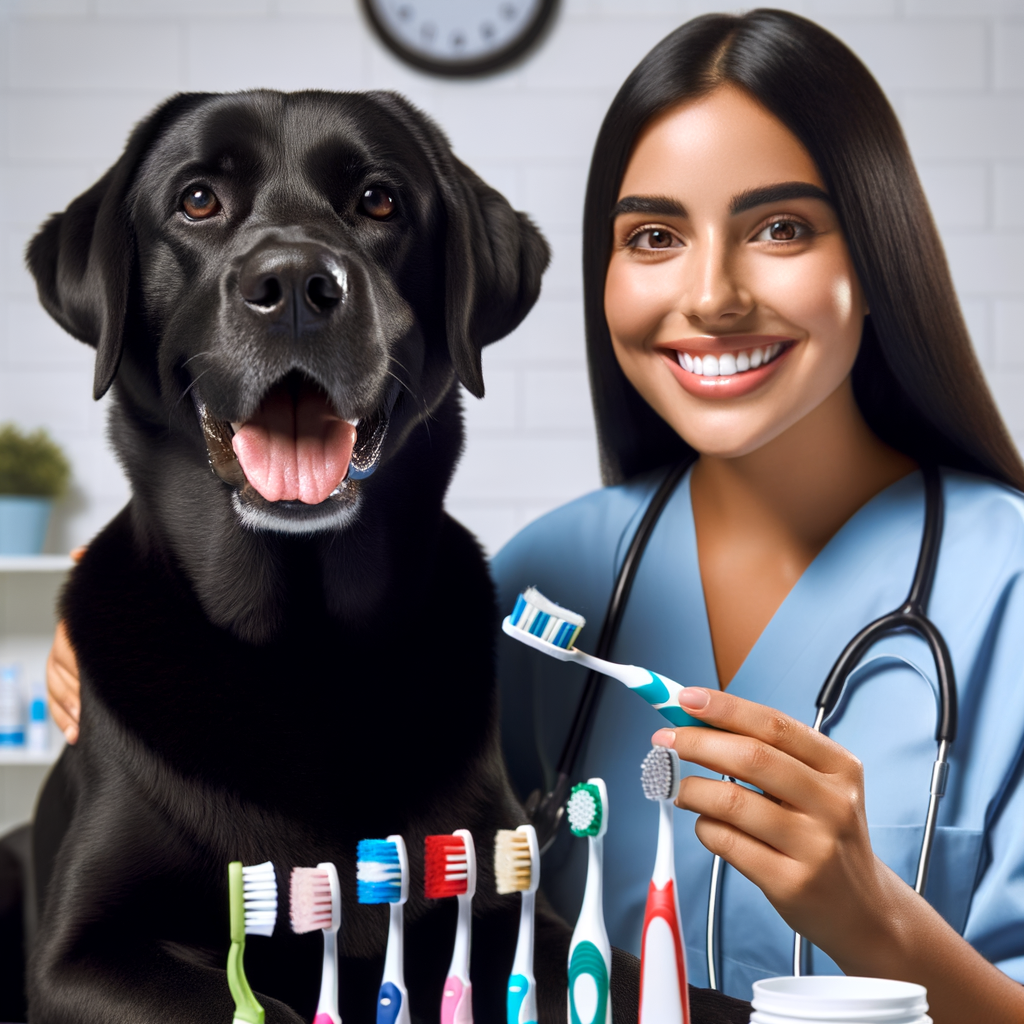 Veterinarian demonstrating dog dental care with variety of toothbrushes and dental products, emphasizing the benefits of brushing dog's teeth regularly for maintaining canine oral health and pet dental hygiene.
