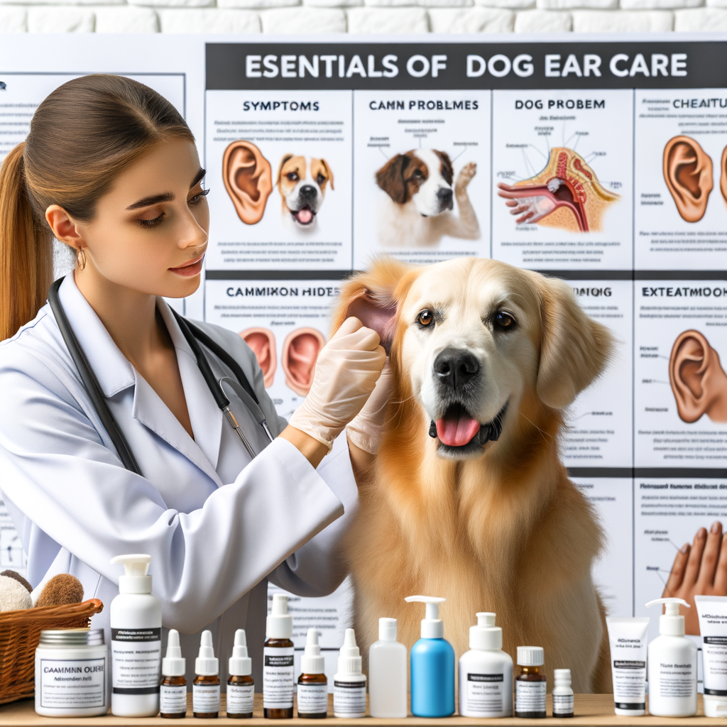 Veterinarian demonstrating dog ear care basics, highlighting canine ear health and infection prevention, showcasing ear care products for dogs, signs of ear problems, and treatment for dog ear infections.