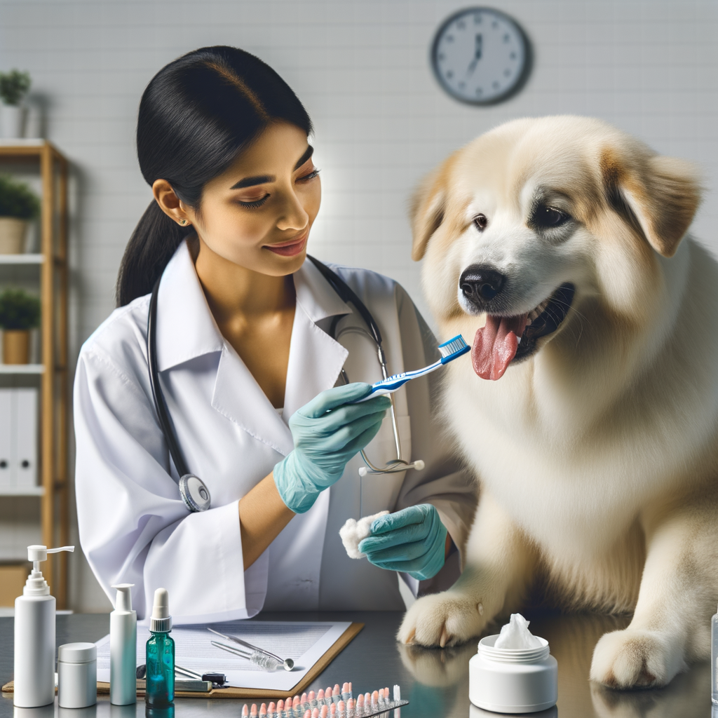 Professional veterinarian demonstrating dog dental care with dog toothbrush and toothpaste, emphasizing the importance of doggy dental hygiene and canine oral health, with various dog dental care products displayed for preventing dog dental diseases.