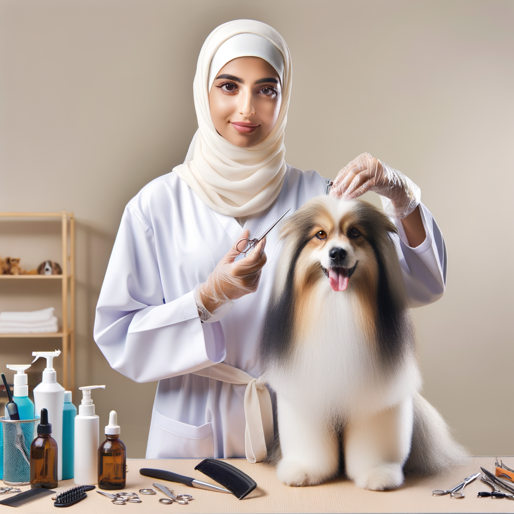 Expert dog groomer demonstrating dog coat conditioning and grooming techniques, highlighting the mastery of dog grooming and the importance of canine coat health maintenance.