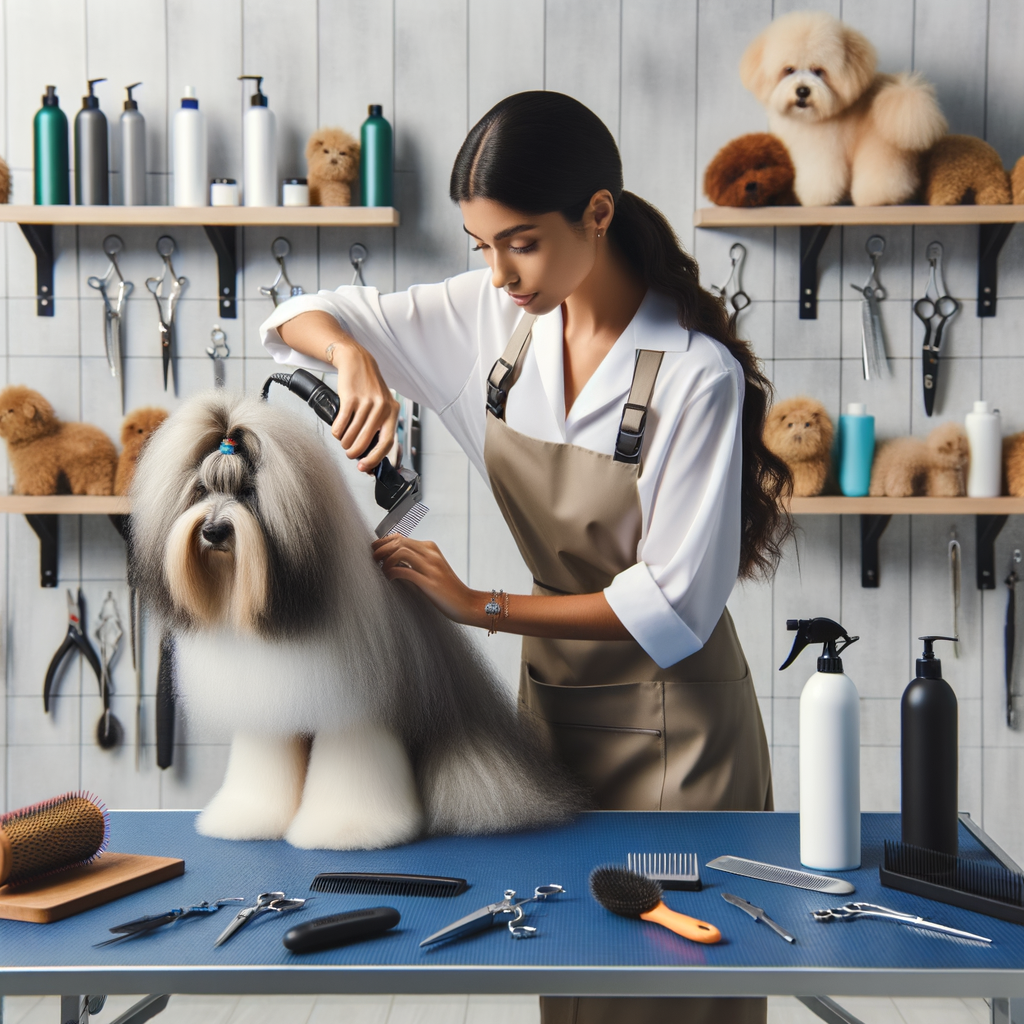 Professional dog groomer demonstrating doggy de-matting techniques using specialized tools, highlighting dog hair care and fur maintenance tips for mastering dog grooming and preventing matting.