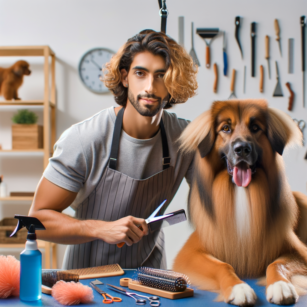 Professional dog groomer demonstrating doggy tangle solutions and dog hair care with various grooming products for long-haired breeds, providing tips on how to untangle dog hair, pet grooming, dog coat care, and home remedies for removing dog knots.