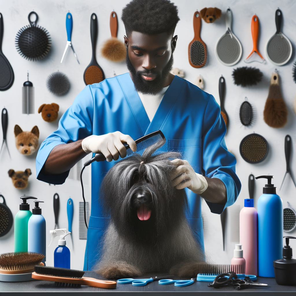 Professional dog groomer demonstrating dog hair care and grooming tips, including removing dog hair knots and tangles with specialized tools, showcasing solutions for dog hair tangles and preventive measures for dog fur maintenance.