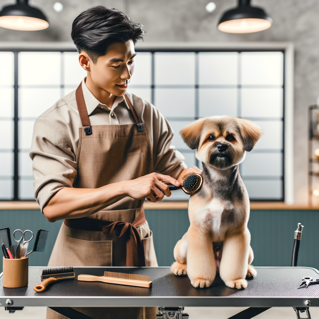 Professional dog groomer brushing a short-haired dog's coat in a clean salon, showcasing best dog grooming tips and essential tools for short coat dog care.