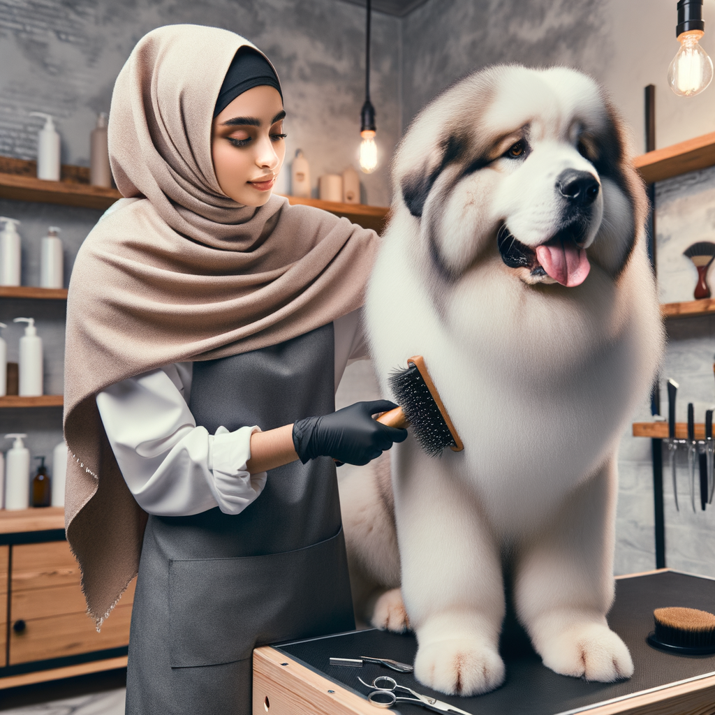 Professional dog groomer trims and brushes a fluffy dog's winter coat in a cozy salon, showcasing best winter dog grooming tips and cold weather dog grooming practices.