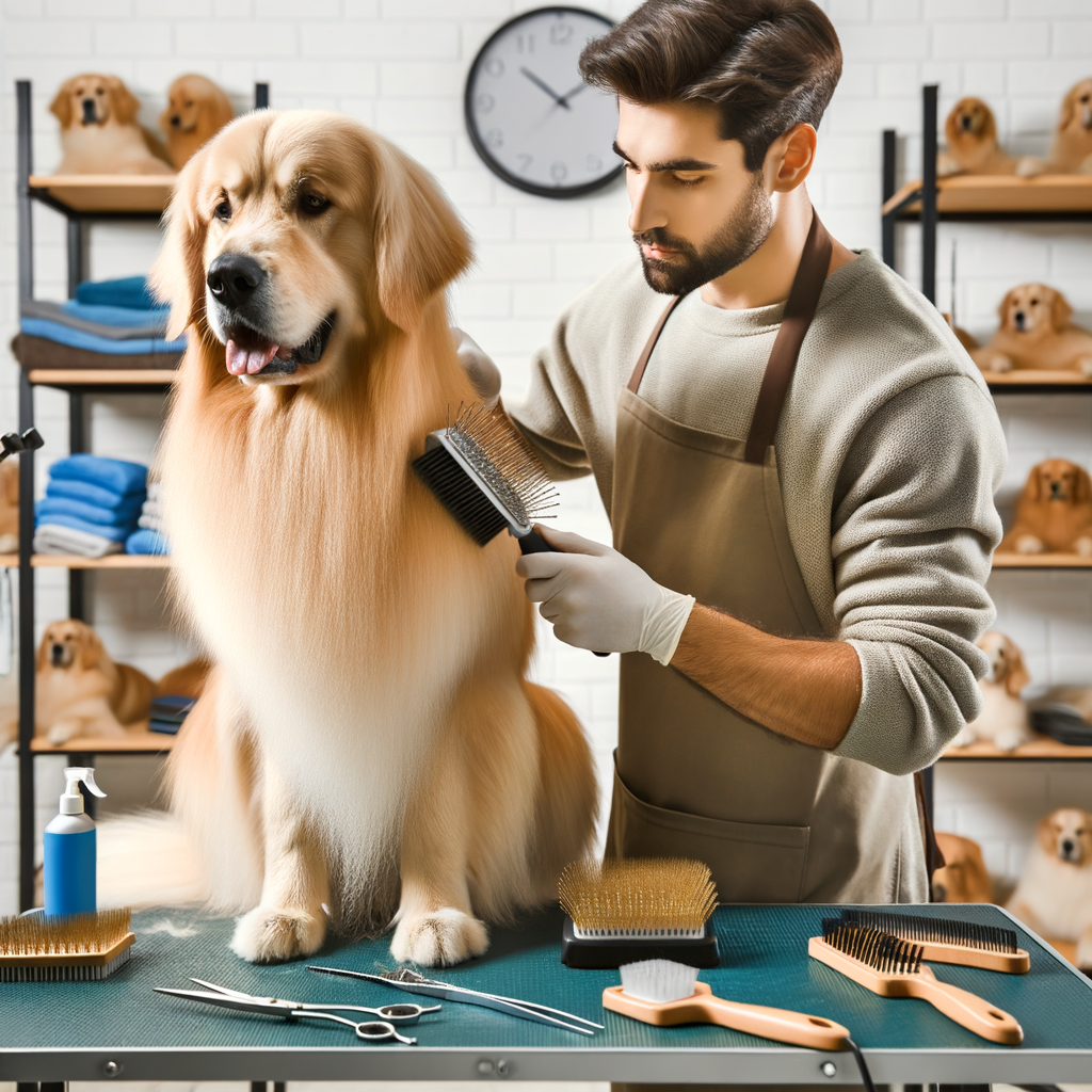 Professional dog groomer using specialized tools to brush a long-haired, heavy shedding dog, demonstrating effective techniques to reduce shedding in a clean grooming station.