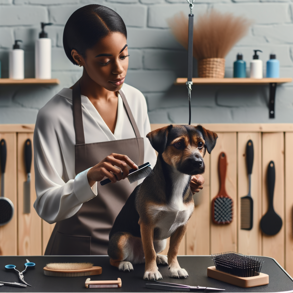 Professional dog groomer brushing a short-haired dog on a grooming table with essential tools, showcasing best dog grooming tips and easy care for low maintenance coats.