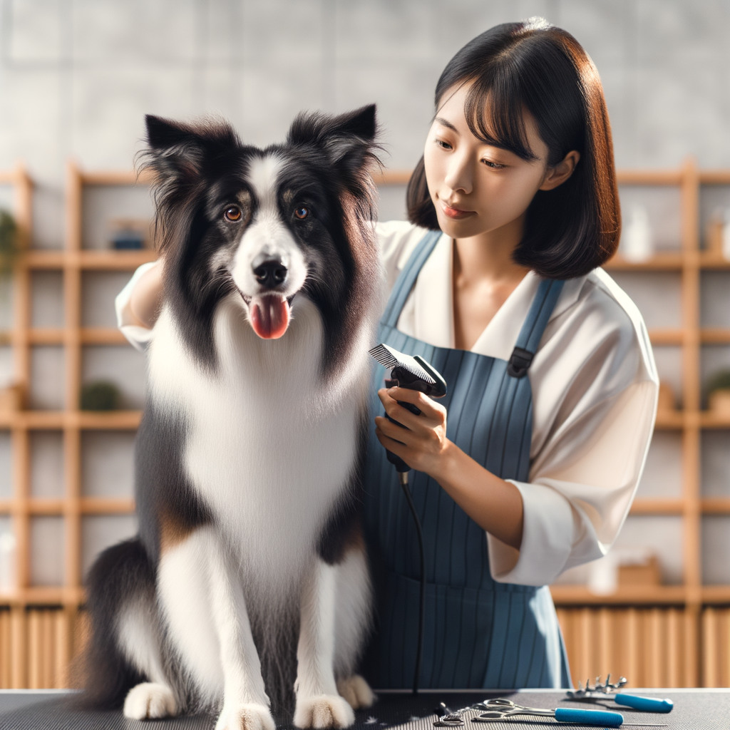 Professional dog groomer trims a high-energy Border Collie, showcasing best grooming practices and calming techniques for active dogs in a well-organized salon.