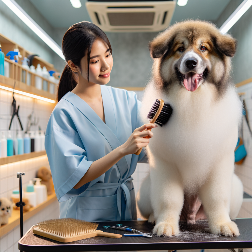 Professional dog groomer using specialized tools to brush a medium-sized dog with a broken coat in a clean, well-lit salon, demonstrating best grooming practices for maintaining a dog's broken coat.